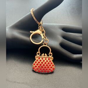 BAG CHARM  Gold Tone Crystal Kiss Lock Purse Bag Charm Keychain in Red